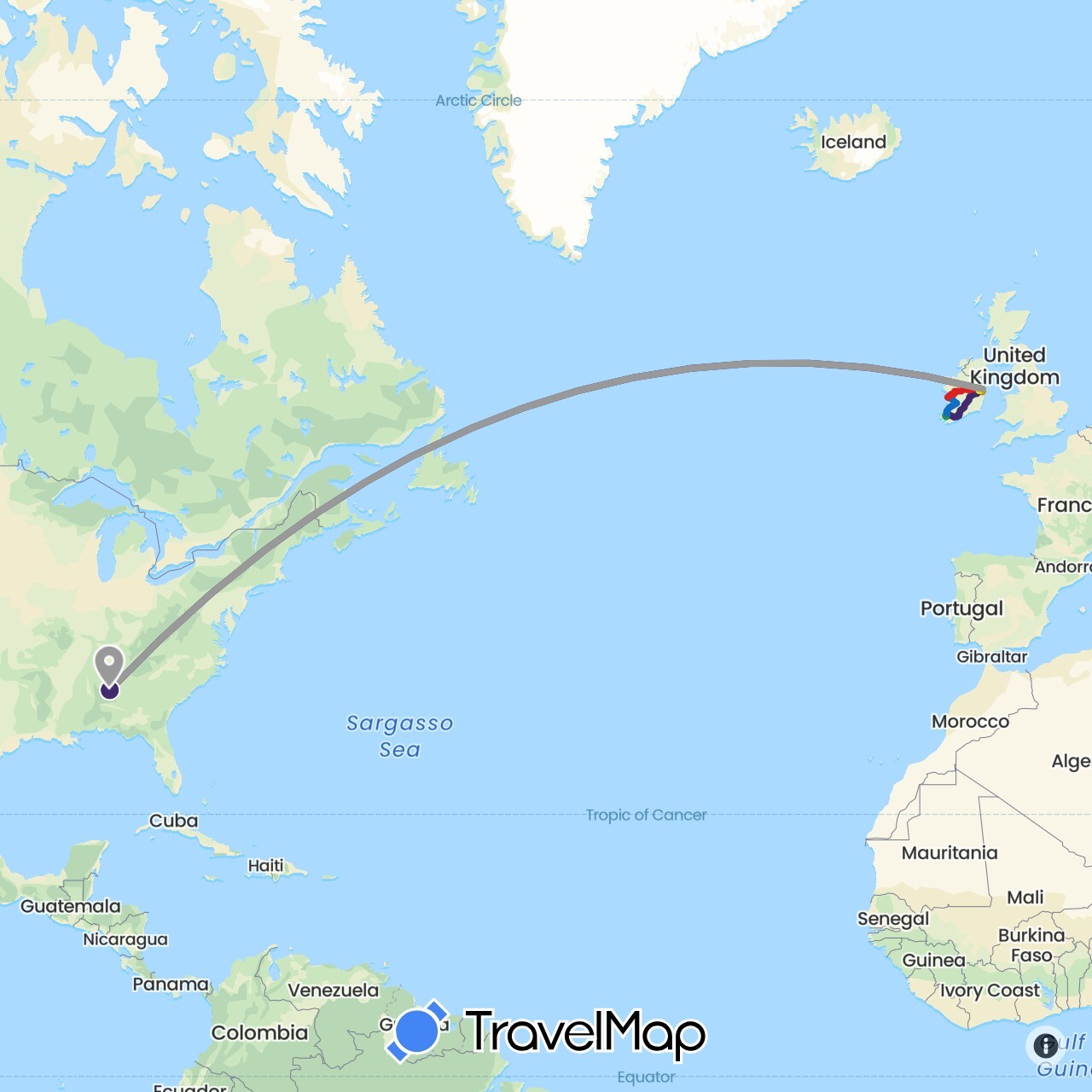 TravelMap itinerary: driving, plane, day 1, day 2, day 3, day 4, day 5, day 6 in Ireland, United States (Europe, North America)
